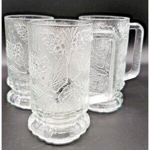 Vintage Tiara Ponderosa Beer Mugs Clear Pressed Glass 5.5" Set of 3 Barware